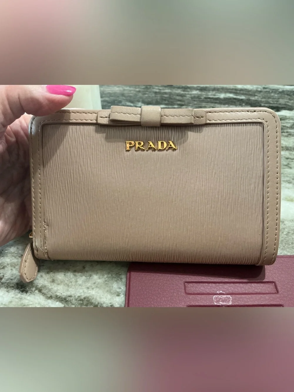 Prada Nude Saffiano Leather Zip-Around Wallet with Bow